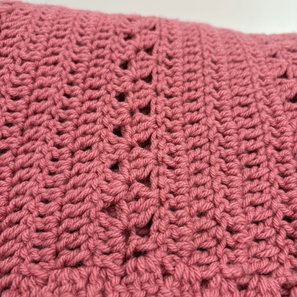 Vintage Hand Crocheted Afghan Throw Blanket Raspberry Approx 56